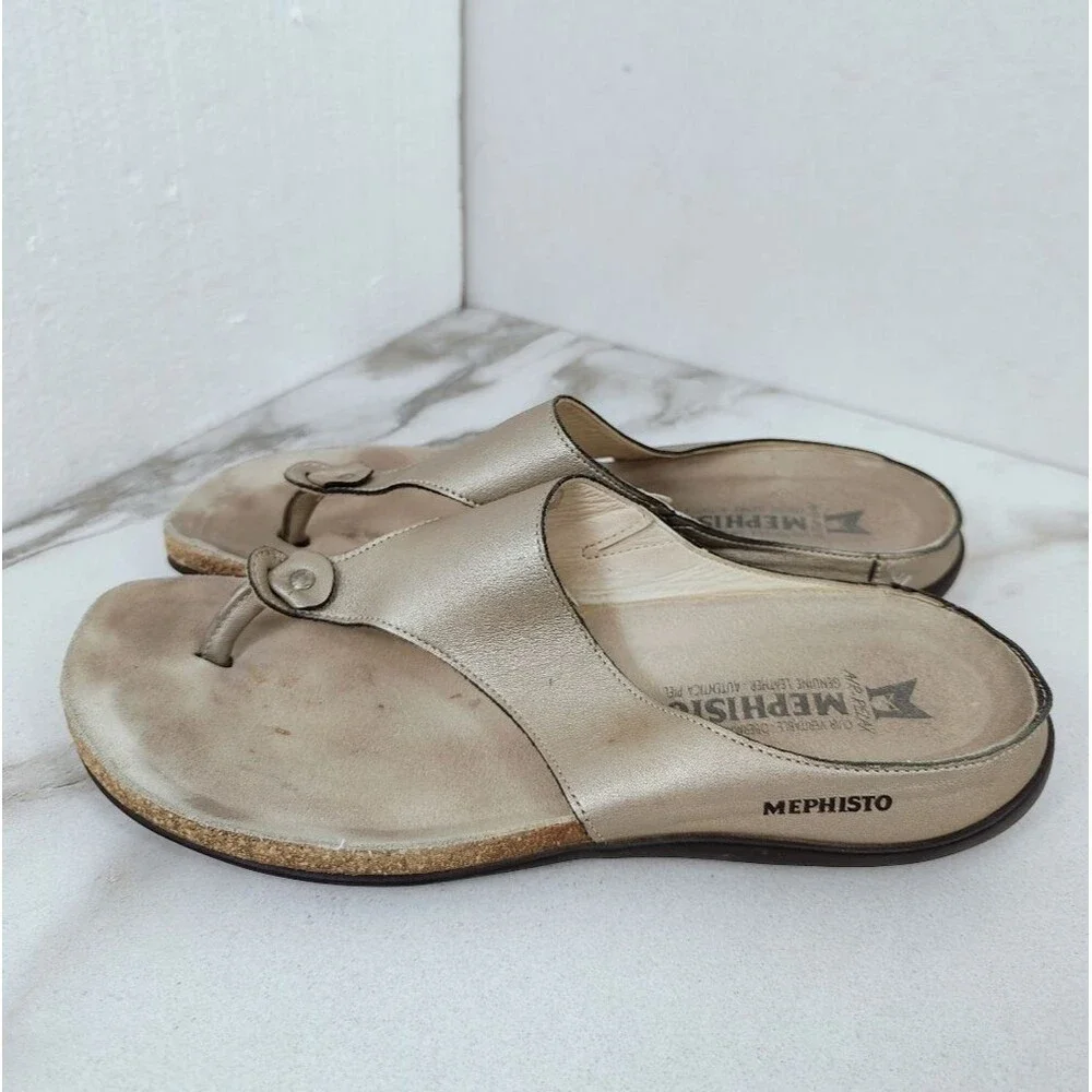 Mephisto Air-Relax Metallic Gold Leather Thong Sandals, Sz 10